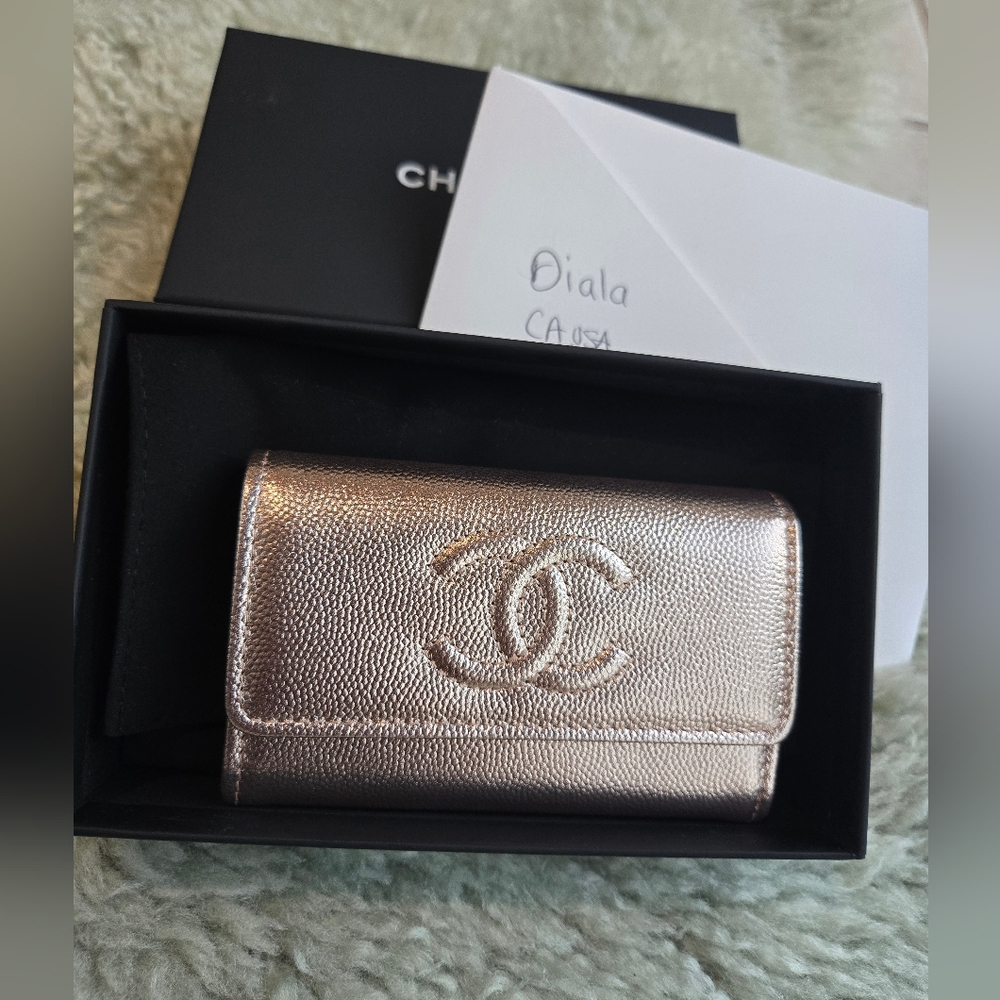 CHANEL Caviar Rose Gold Snap Card Holder.